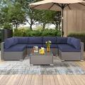 SUNCROWN Outdoor Patio Furniture Set 7 Piece Outdoor Sectional Sofa Grey Wicker Conversation Sofa Set with Coffee Table and Cushions (Dark Blue)