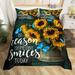 Sunshine Sunflower Duvet Cover 3pcs Soft Comforter Cover for Women Girls Morden Black Floral Bedding Set 1 Duvet Cover+2 Pillow Shams Queen Size