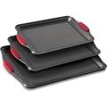 Non Stick Baking Pans Cookie For Baking With Red Silicone Handles 3Pc Set Large Black