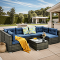Dextrus 7 Pieces Patio Furniture Set PE Rattan Outdoor Conversation Set Wicker Outside Sectional Sofa Couch with Table and Cushions for Garden Balcony Backyard - Blue