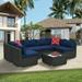 Highsound 7 Pieces Outdoor Patio Sofa Set All Weather UV-Resistant PE Rattan Sectional Conversation Sofa Set with Coffee Table/Cushions/Pillows Blue