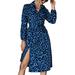 Dress Leopard Print Long Sleeve Side Split Lapel Waist Tie Fashionable Dress for Women Blue S