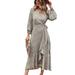 Women Long Sleeve Wrap V Neck Flower Print Ruffle Tiered Tie Waist Flowy Long Dress Khaki S