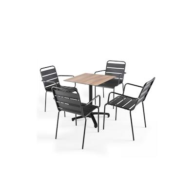 Oviala Business Gartentischgruppe Laminat Eiche dunkel mit 4 grauen Sesseln - Oviala