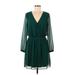 Express Outlet Casual Dress - Mini V Neck Long sleeves: Green Solid Dresses - Women's Size Medium