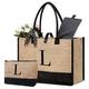 BeeGreen Embroidery Burlap Beach Bag Large Jute Beach Tote Bag w Inner Zipper Pocket Reusable Birthday Gifts for Women, Natural and Black, 19'' L x 7.8'' W x 12.7'' H, Beach Bag W Makeup Bag—letter L