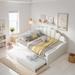 Full Size Daybed Frame with Shall Shaped Backrest, Upholstery Bed with Trundle, Pine Wooden Bed with Arm, White