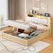 Queen Size Upholstered Bed with Storage Headboard and Hydraulic System, Platform Bed with Night Lights and USB Charger, Natural