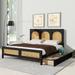 Queen Size Platform Bed with 2 Drawers, Wooden Bed with Rattan Headboard, Storage Bed with Footboard, Black