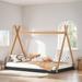 Simple Full Size Tent Floor Platform Bed with Triangle Structure, Wooden Kids Bed Frame for Bedroom Guest Room, Black+Brown