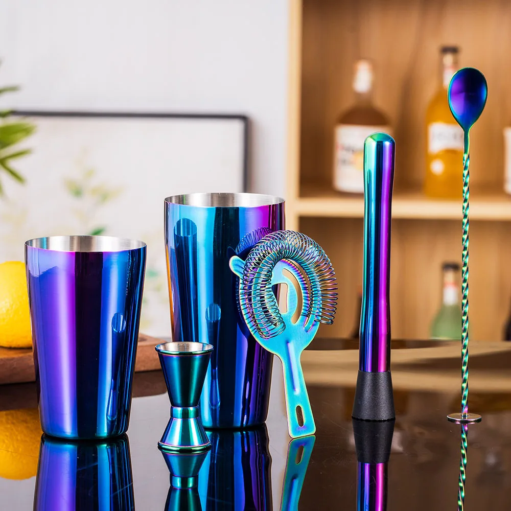 5-teiliges Regenbogen-Cocktail-Shaker-Bar-Set, Boston Shaker-Dosen aus Edelstahl, Barkeeper-Set, Getränkemixer, Party-Bar-Werkzeuge Image