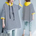 Abbigliamento donna moda top oversize donna stampa pullover a righe estate 3/4 felpe con cappuccio