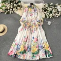 Robe longue en lin fleuri pour femme manches lanterne simple boutonnage imprimé floral ceinture