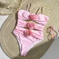 Maillot de bain une pièce rose sexy à fleurs 3D pour femme monokini découpé baigneuses nouvelle