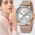 LIGE – montre de luxe pour femmes étanche Bracelet en acier or Rose marque supérieure 2023