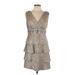 R&M Richards Casual Dress - Mini Plunge Sleeveless: Silver Solid Dresses - Women's Size 10