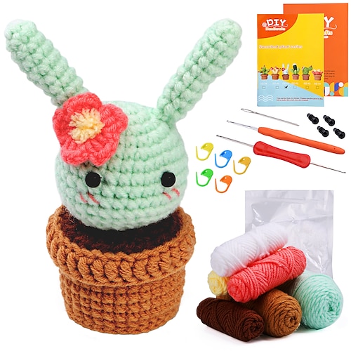 Häkelset für Anfänger mit Schritt-für-Schritt Videoanleitungen Häkelset für Erwachsene Kinder Strickset Gleichartiges Sukkulententopfkaktus-Häkelwolle Materialtasche Weihnachtsgeschenk Image