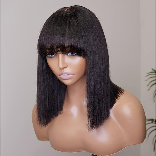 Glatte Perücke aus Echthaar mit Pony, 2 x 1 Spitzenschnitt-Perücken, realistischer Look, Kopfhaut, Bob-Pony-Perücken für Frauen, natürliche Farbe, brasilianische Echthaar-Perücken Image