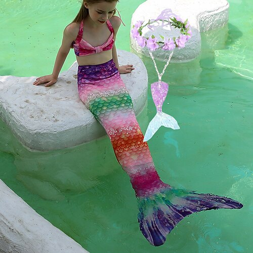 Kinder Mädchen Fünf Stück Meerjungfrau Bademode Bademode Bikini Strand Schwimmen Regenbogen Batik Niedlich Badeanzüge 3-10 Jahre Sommer Hellblau Mehrfarbig Image