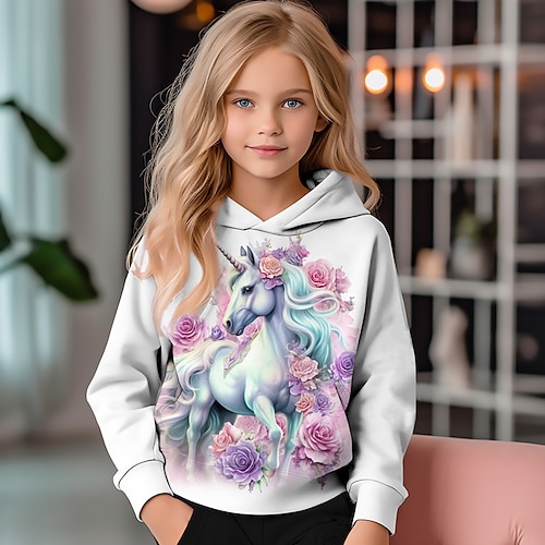 3D-Einhorn-Kapuzenpullover für Mädchen, langärmelig, 3D-Druck, Herbst, Winter, aktiv, modisch, niedlich, Polyester, Kinder 3–12 Jahre, draußen, lässig, täglich, normale Passform Image