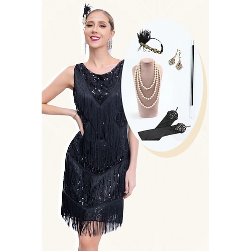 Retro Vintage Goldene Zwanziger 1920er Knielang Flapper Kleid Outfits Cocktailkleid Ärmellos Der große Gatsby Flapper-Mädchen Hochzeitsgast Pailletten V Ausschnitt Kostüm Damen Hochzeit Party / Abend Image