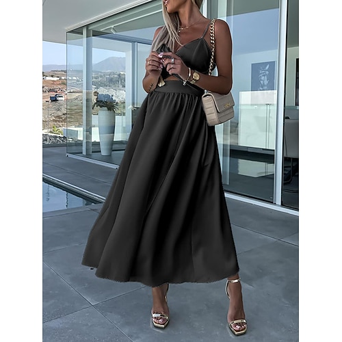 Damen Midikleid Weißes Kleid Abschlusskleid Unterkleid A-Linie Party Hochzeit Date Normale Passform Ärmellos Träger Schwarz Weiß Rosa Fuchsie Sommer Image