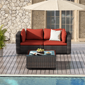 TANGJEAMER 3 Piece Patio Furniture Set All Weather Outdoor Sectional PE Rattan Patio Conversation Sets with Cushions and Glass Coffee Table for Garden Lawn Balcony Porch Deck Red