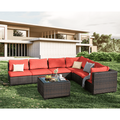 TANGJEAMER 7 Piece Patio Furniture Set All Weather Outdoor Sectional PE Rattan Patio Conversation Sets with Cushions and Glass Coffee Table for Garden Lawn Balcony Porch Deck Red
