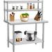 HELLONE 30 x 24 Inches Stainless Steel Work Table with Double Overshelves NSF Heavy Duty Commercial Food Prep Worktable with Adjustable Shelf & Hooks for Kitchen Prep Work