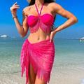 Fringe Decor Halter Bikini Set And Mesh Swimwear CoverUp Skirt Valentine