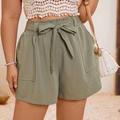 Womens Plus Size Solid Color Belted Shorts With Pockets For Spring Summer