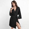 Soft Comfy Long Sleeve Belted Wrap Robe Black
