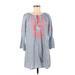 Blue Island Casual Dress - Shift Tie Neck 3/4 sleeves: Blue Print Dresses - Women's Size Medium