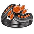 P M-ENTERPRISES Marquise & Round Shape Orange Sapphire Women's & Girls Solitaire With Accents Bridal Ring Set 14k Black Gold Plated (J)