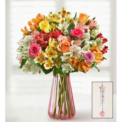 1-800-Flowers Flower Delivery Assorted Roses & Peruvian Lily Bouquet For Mom W/ Pink Vase & Windchime