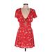 Miami Casual Dress - Mini Plunge Short sleeves: Red Floral Dresses - Women's Size Medium