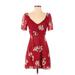 Reformation Casual Dress - Mini Plunge Short sleeves: Burgundy Floral Dresses - Women's Size 2
