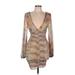 Fashion Nova Casual Dress - Bodycon V-Neck Long sleeves: Tan Chevron/Herringbone Dresses - Women's Size Medium