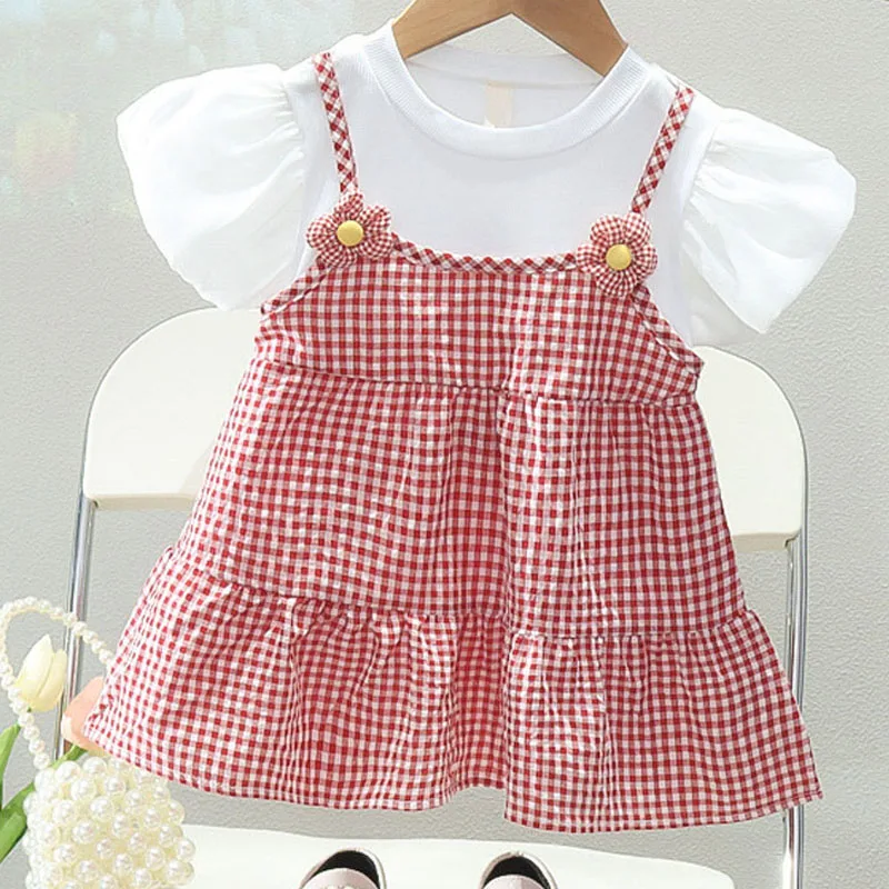 Sommer Kleinkind Mädchen Kleid Puff Sleeve Prinzessin Kleid Geburtstag Party Kostüm Infant Outfit Blume Plaid Baby Mädchen Kleidung A1082 Image