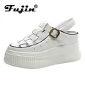 Fujin 8.8cm Platform Wedge Buckle Weave Sandals scarpe da donna mocassini estivi Retro British