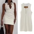 TRAF Sleeveless Mini Dress Woman Cut Out Off White Bodycon Dress Women Buckle Sexy Short Dresses