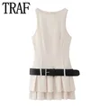 TRAF Pleated Playsuit Dress Women Belt Sleeveless Mini Dress Woman Buckle Summer Short Dresses For
