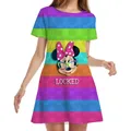 2022 Summer Disney Harajuku Sexy Minnie Print Mini Beach Party Dress New Ladies Casual O Neck Short