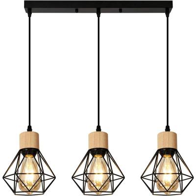 Pendelleuchte aus Schwarz und Holz, industrieller Wohnzimmer-Kronleuchter aus Metall, 3 Lampen E27, Image