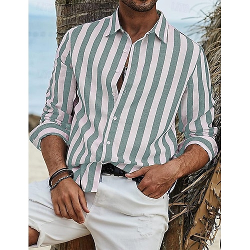 Per uomo Camicia Camicia di lino Camicia Estiva Camicia da Spiaggia Camicia in cotone e lino Camicie a righe A righe Vacanza Camicia hawaiana Giallo Rosso Blu Verde Manica Lunga Collo ripiegato