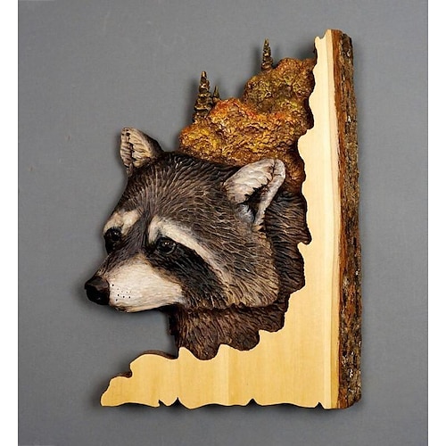 1 Stück Tierschnitzerei Kunsthandwerk Wandbehang Skulptur, Holz Waschbär Bär Hirsch handbemalte Dekoration, für Zuhause Wohnzimmer Image
