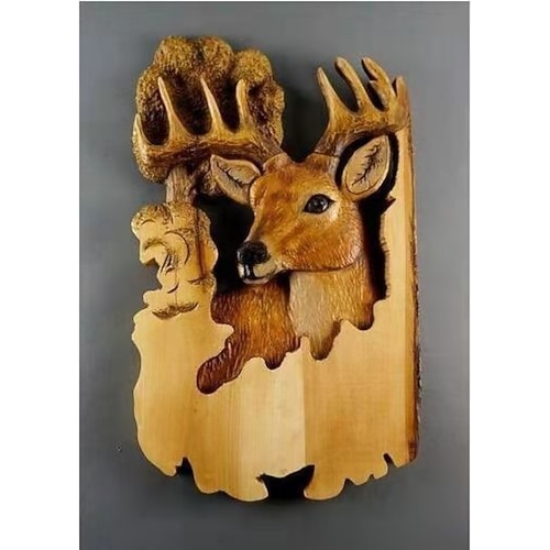 1 Stück Tierschnitzerei Kunsthandwerk Wandbehang Skulptur, Holz Waschbär Bär Hirsch handbemalte Dekoration, für Zuhause Wohnzimmer Image