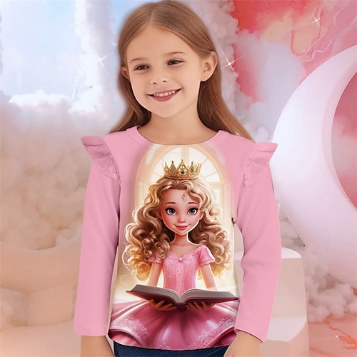 Mädchen 3D Prinzessin Rüschen-T-Shirt Rosa Langarm 3D-Druck Frühling Herbst Aktiv Modisch Kuschelig kinderkleidung 3-12 Jahre Rundhalsausschnitt Outdoor Casual Täglich Regular Fit Image