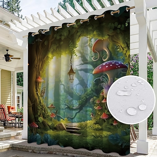 Wasserdichter Outdoor Vorhang Außenvorhang für Privatsphäre, Außenjalousien, verschiebbare Terrassenvorhangvorhänge, Pergolavorhänge mit Ösen, Pilzwald für Pavillon, Balkon, Veranda, Party Image