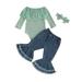 Qtinghua Newborn Infant Baby Girls Fall Outfits Lace Long Sleeves Romper and Elastic Denim Flared Pants Headband Set Light Green 9-12 Months